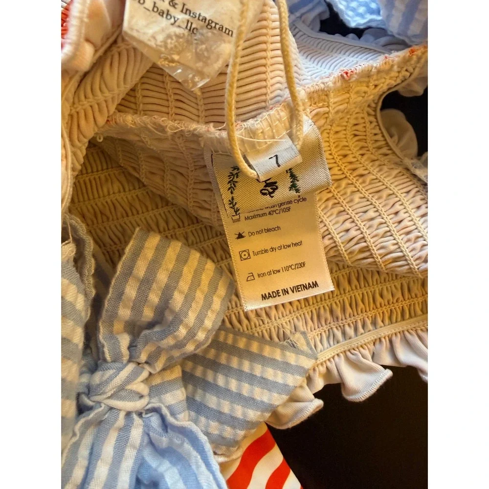 BB Baby Crab Smocked Sundress Girls Size 7 Striped Bow Sleeves Summer Resortwear - Picture 6 of 15